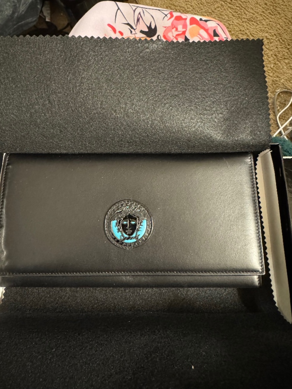 Versace Leather Wallet With Turquoise Medusa Hardware And Box